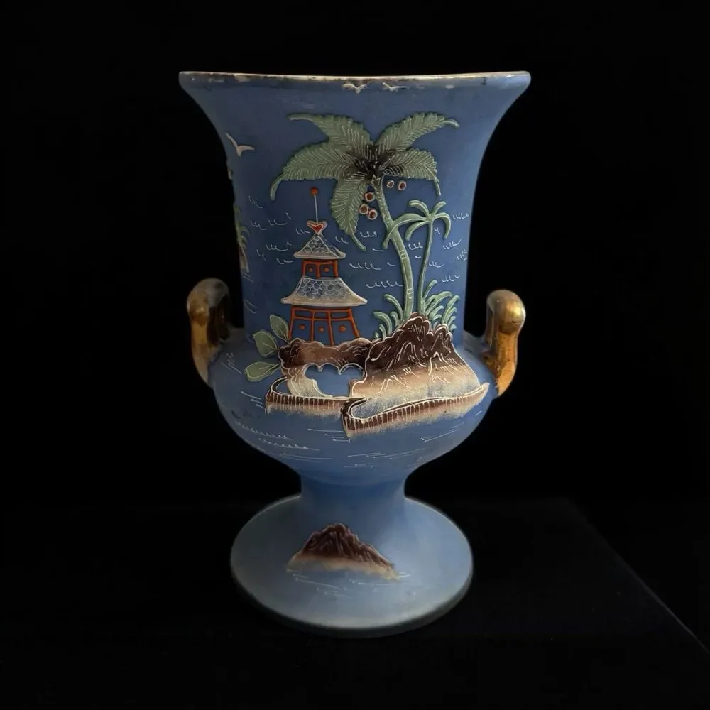 Vintage Japan Blue Ceramic Vase Elephant Handles Pagoda Landscape Hand Painted